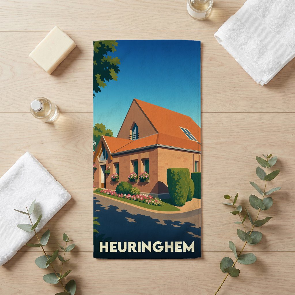 Serviette de bain souvenir de la ville de Heuringhem avec une illustration stylisée.