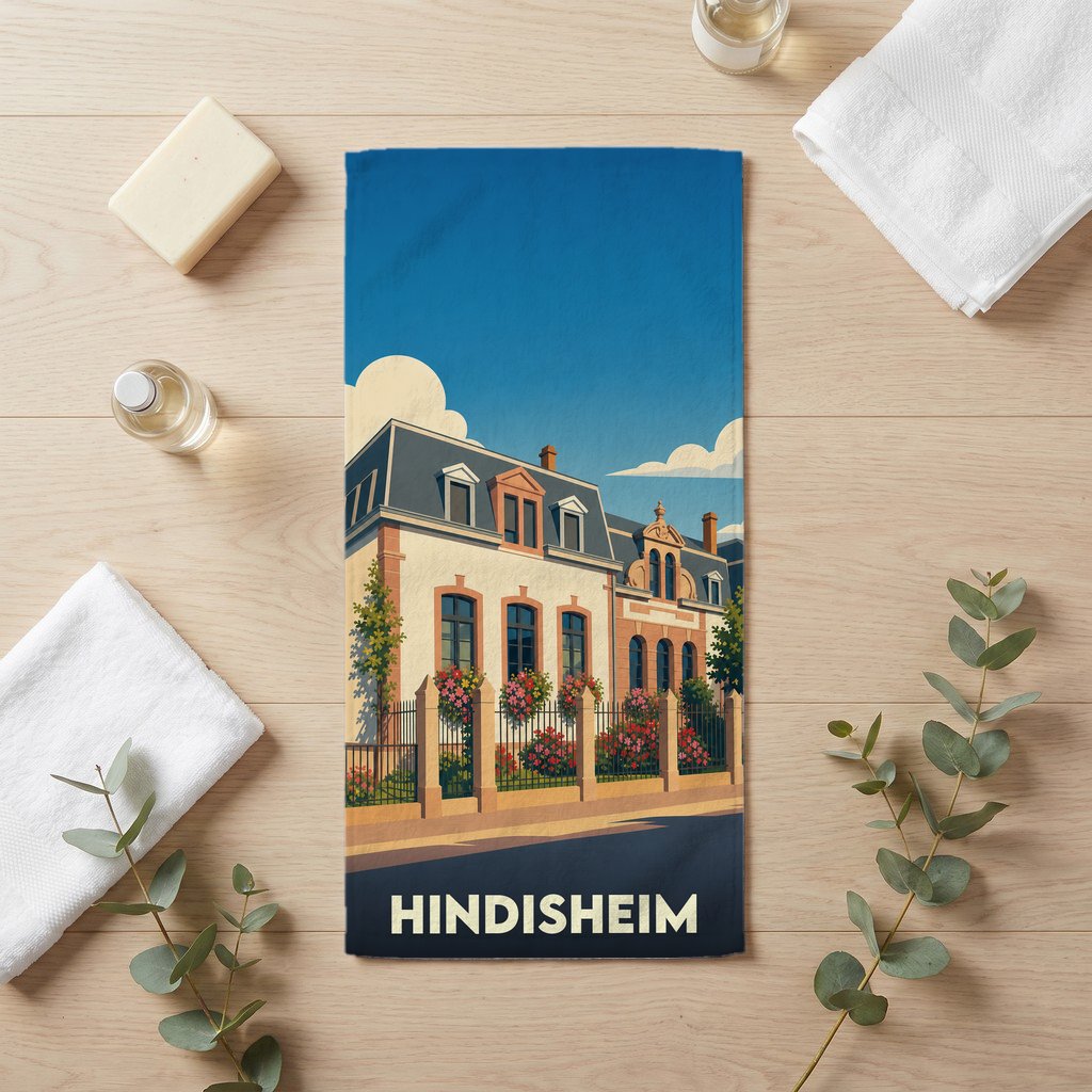 Serviette de bain souvenir de la ville de Hindisheim avec une illustration stylisée d'une maison alsacienne fleurie.