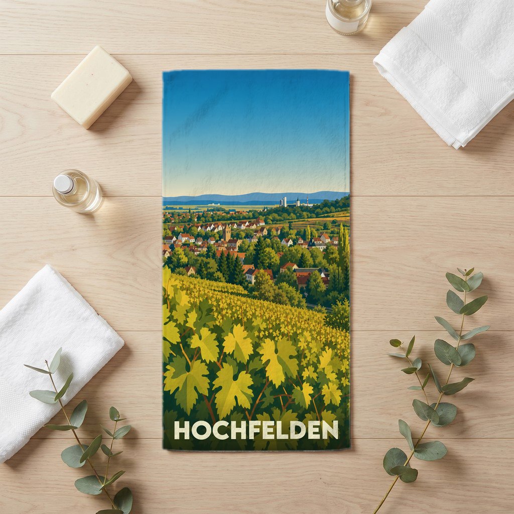 Serviette de bain souvenir de la ville de Hochfelden avec une illustration stylisée de vignobles.