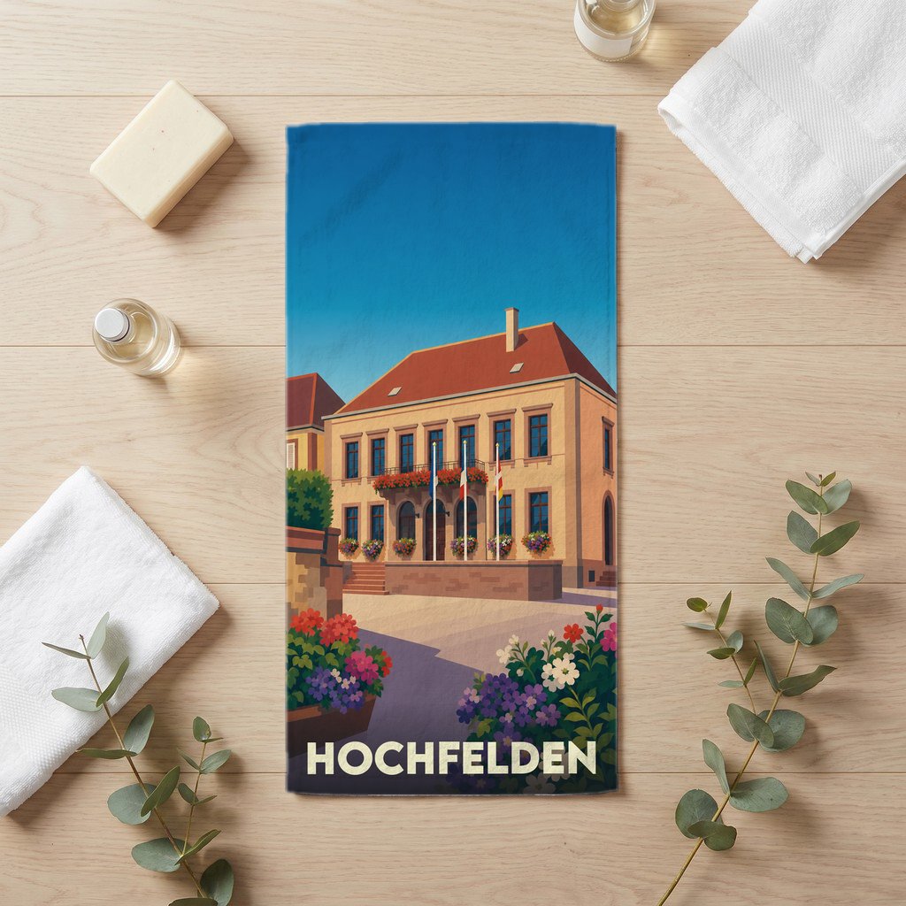 Serviette de bain souvenir de la ville de Hochfelden avec une illustration stylisée d'un bâtiment fleuri.