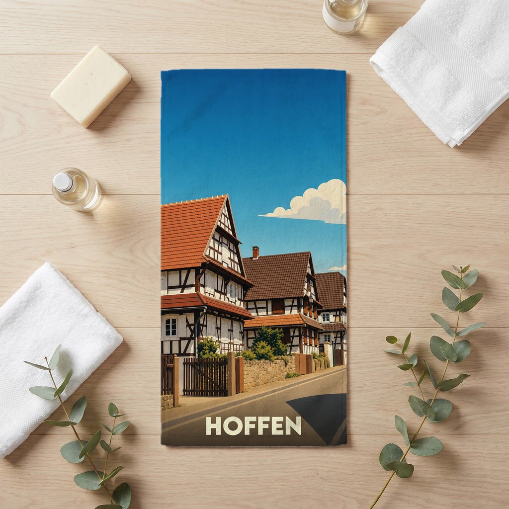 Serviette de bain souvenir de la ville de Hoffen avec une illustration de maisons à colombages.
