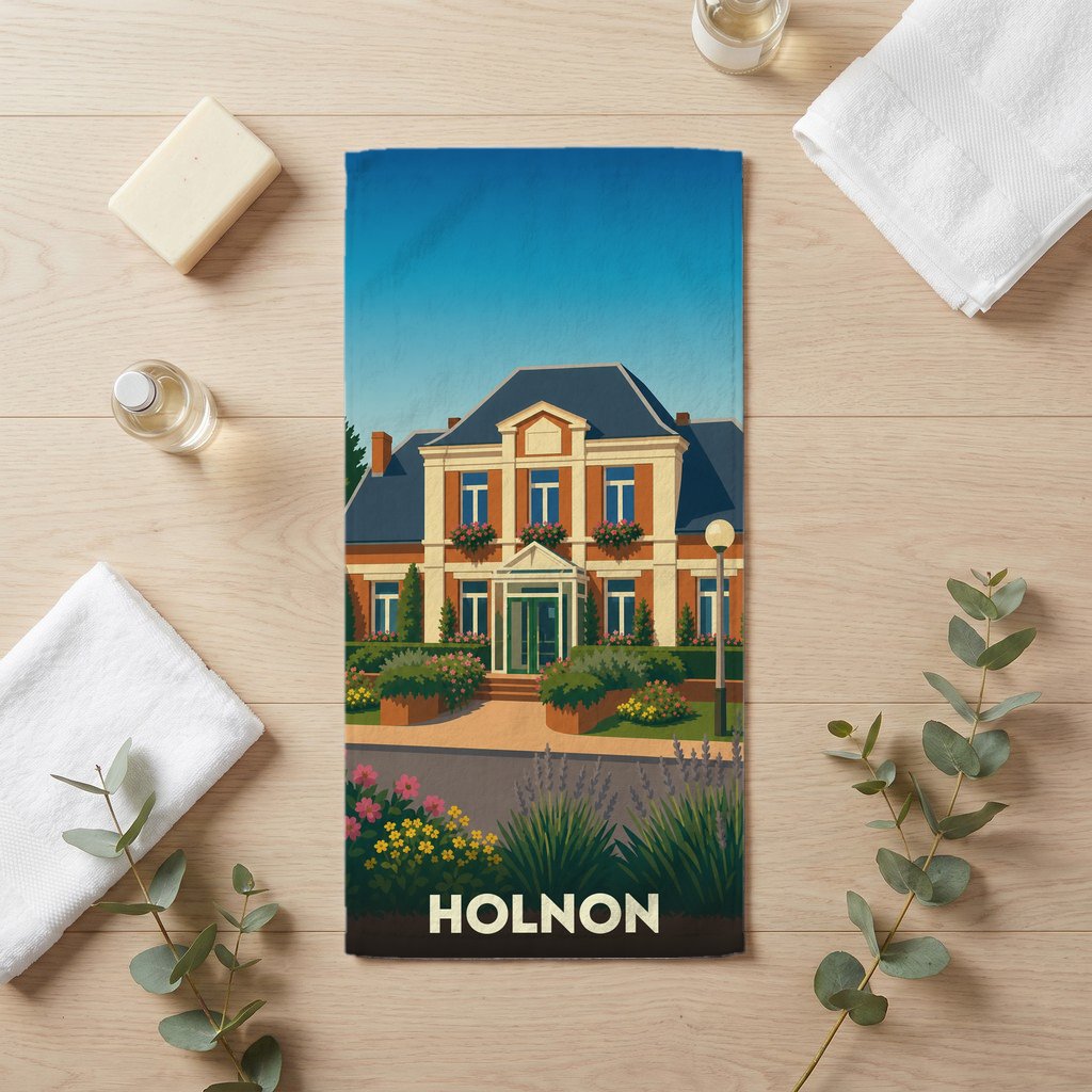 Serviette de bain souvenir de la ville de Holnon illustrée par un dessin stylisé de sa mairie.