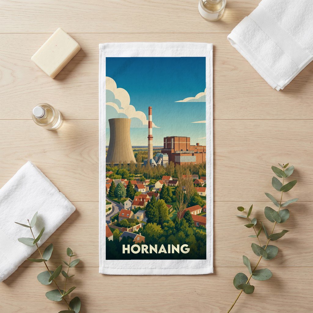 Serviette de bain souvenir de la ville de Hornaing avec une illustration stylisée d'un paysage industriel et urbain.