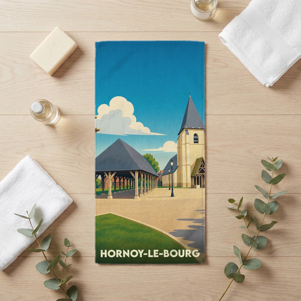 Serviette de bain souvenir de la ville de Hornoy-le-Bourg avec une illustration stylisée.
