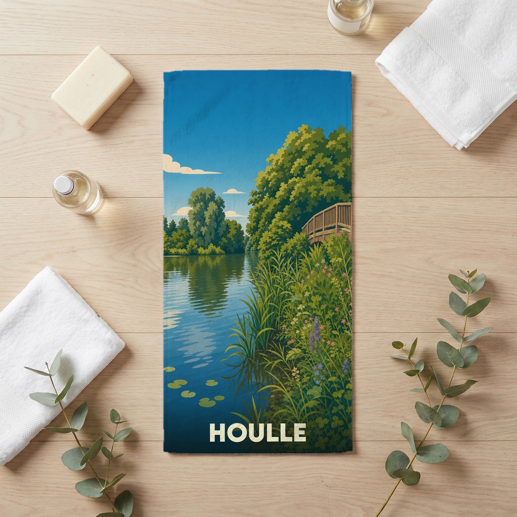 Serviette de bain souvenir de la ville de Houlle avec une illustration de paysage bucolique.