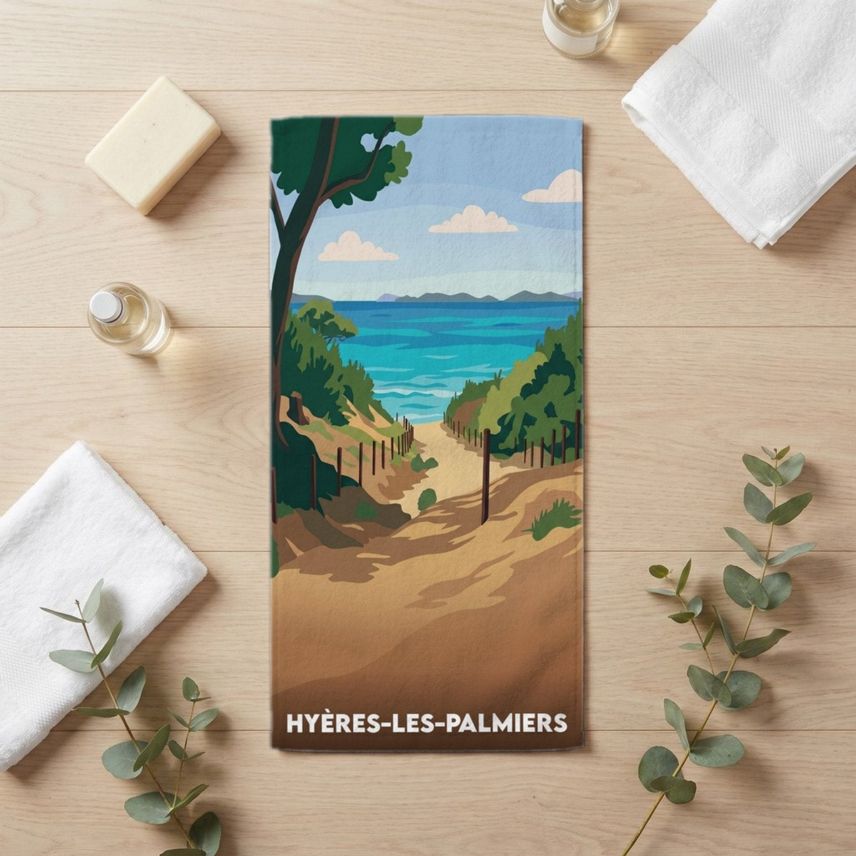 Serviette de bain 30 cm x 60 cm souvenir de Hyères-les-Palmiers