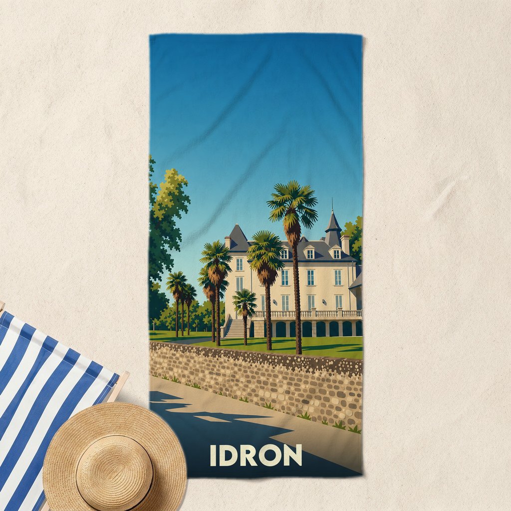 Serviette de bain souvenir de la ville d'Idron avec une illustration stylisée d'un château et de palmiers.