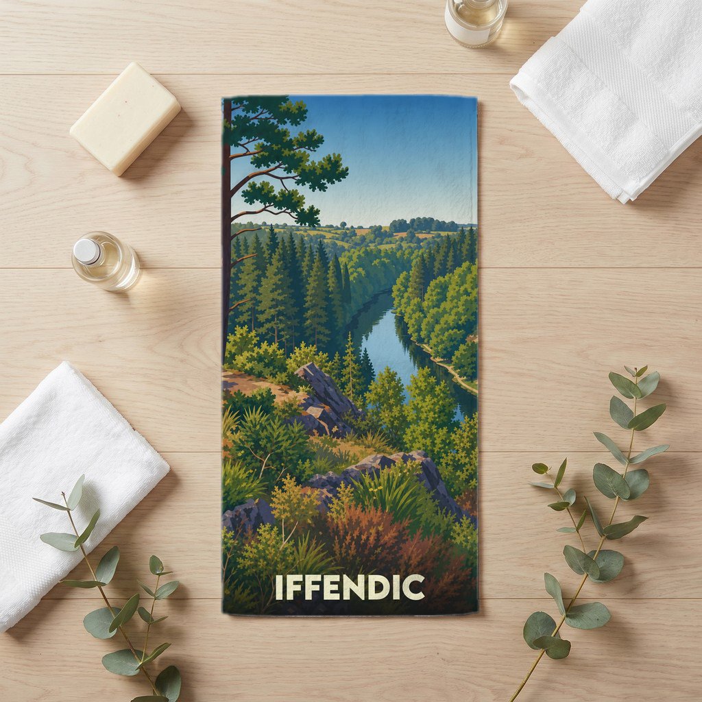 Serviette de bain souvenir de la ville d’Iffendic avec une illustration stylisée de paysage naturel.