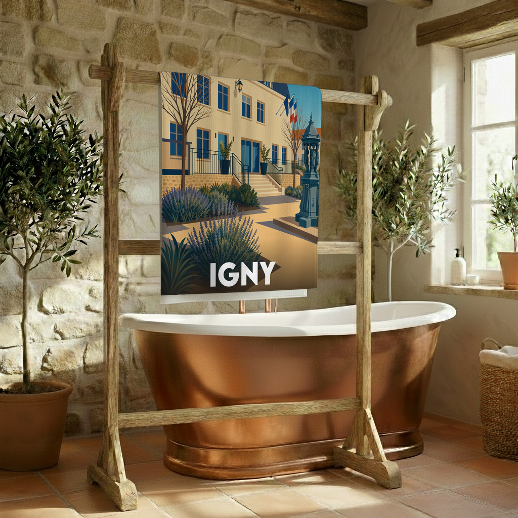 Serviette de bain souvenir de la ville d'Igny avec une illustration stylisée.