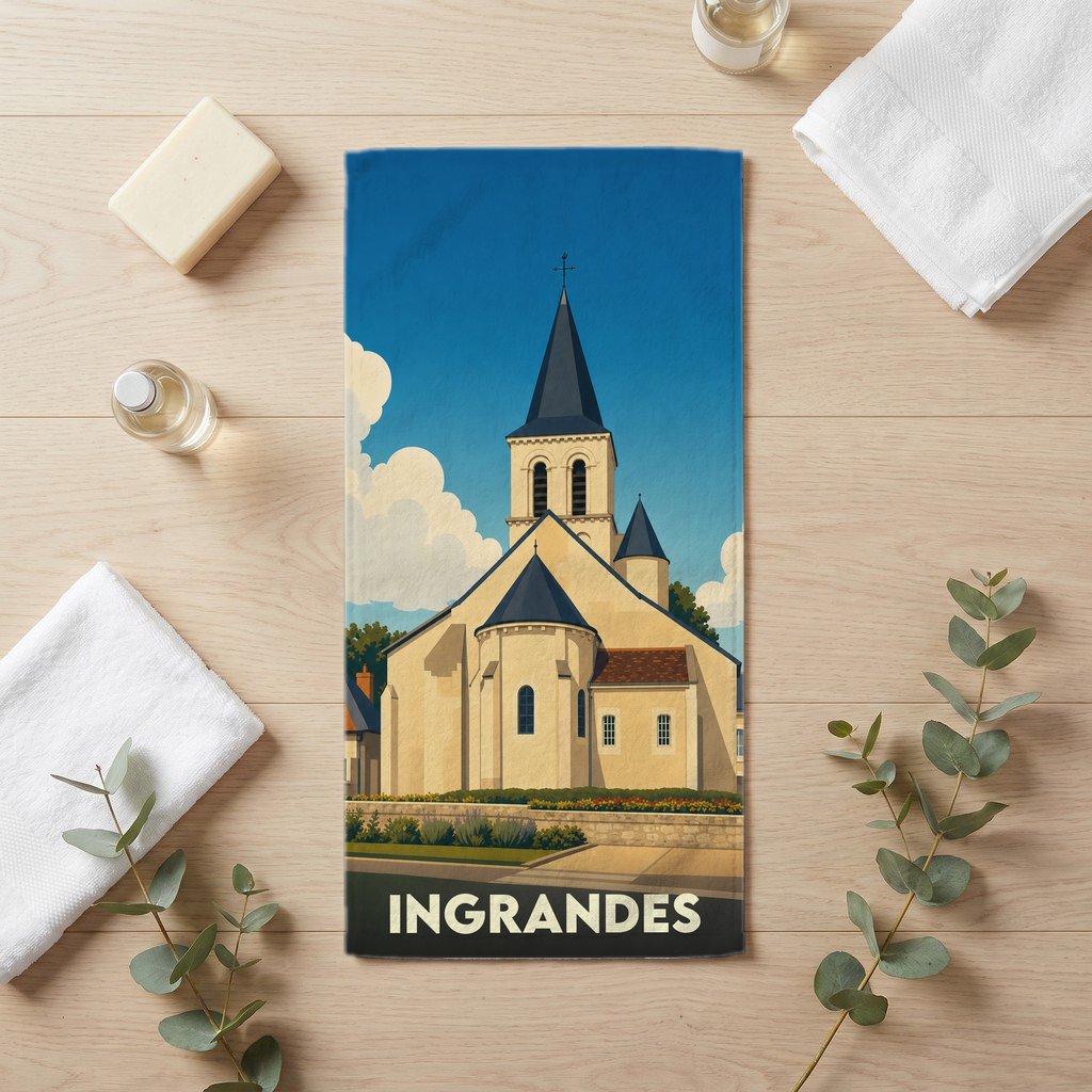 Serviette de bain souvenir de la ville de Ingrandes illustrée d'une église de style roman.