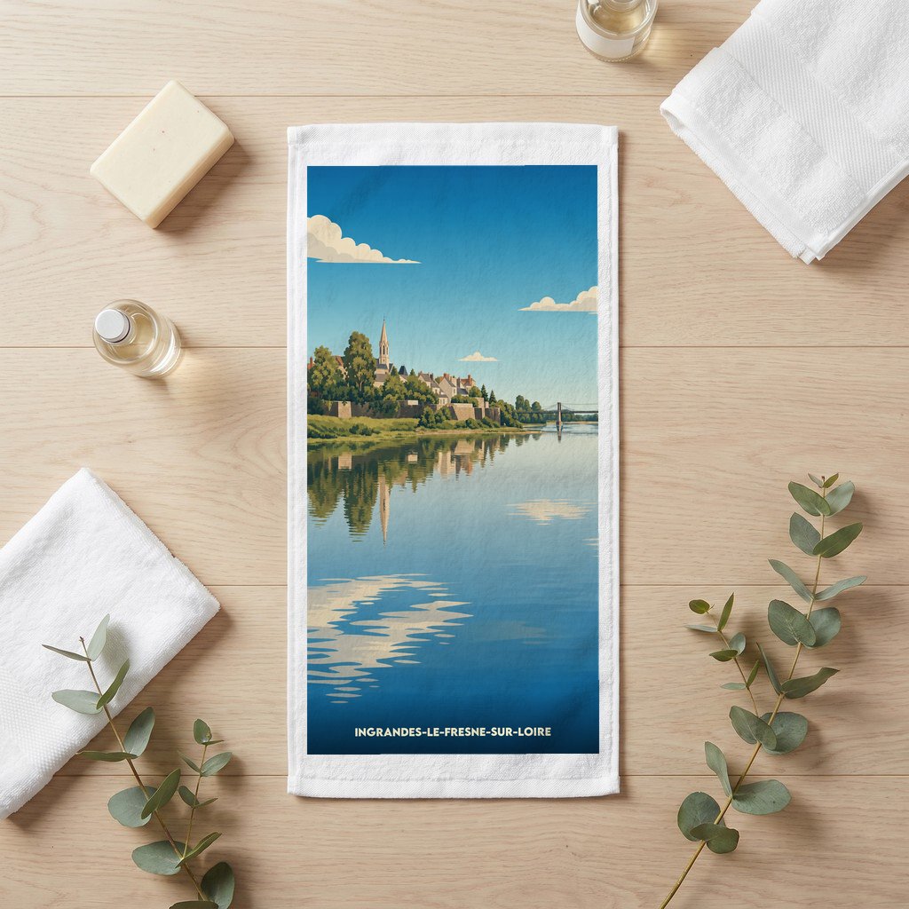 Serviette de bain souvenir de la ville de Ingrandes-le-Fresne-sur-Loire avec une illustration stylisée des bords de Loire.