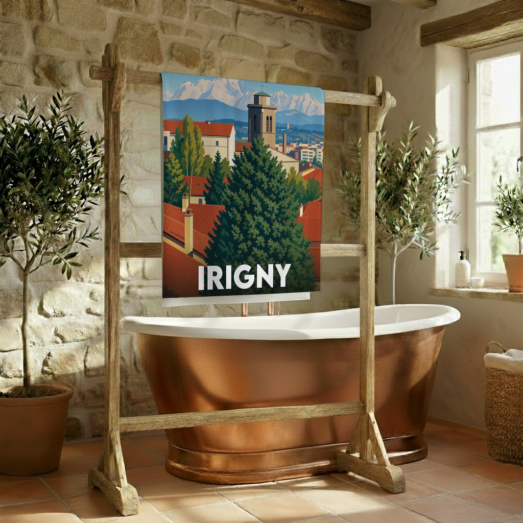 Serviette de bain souvenir de la ville d'Irigny avec une illustration stylisée.