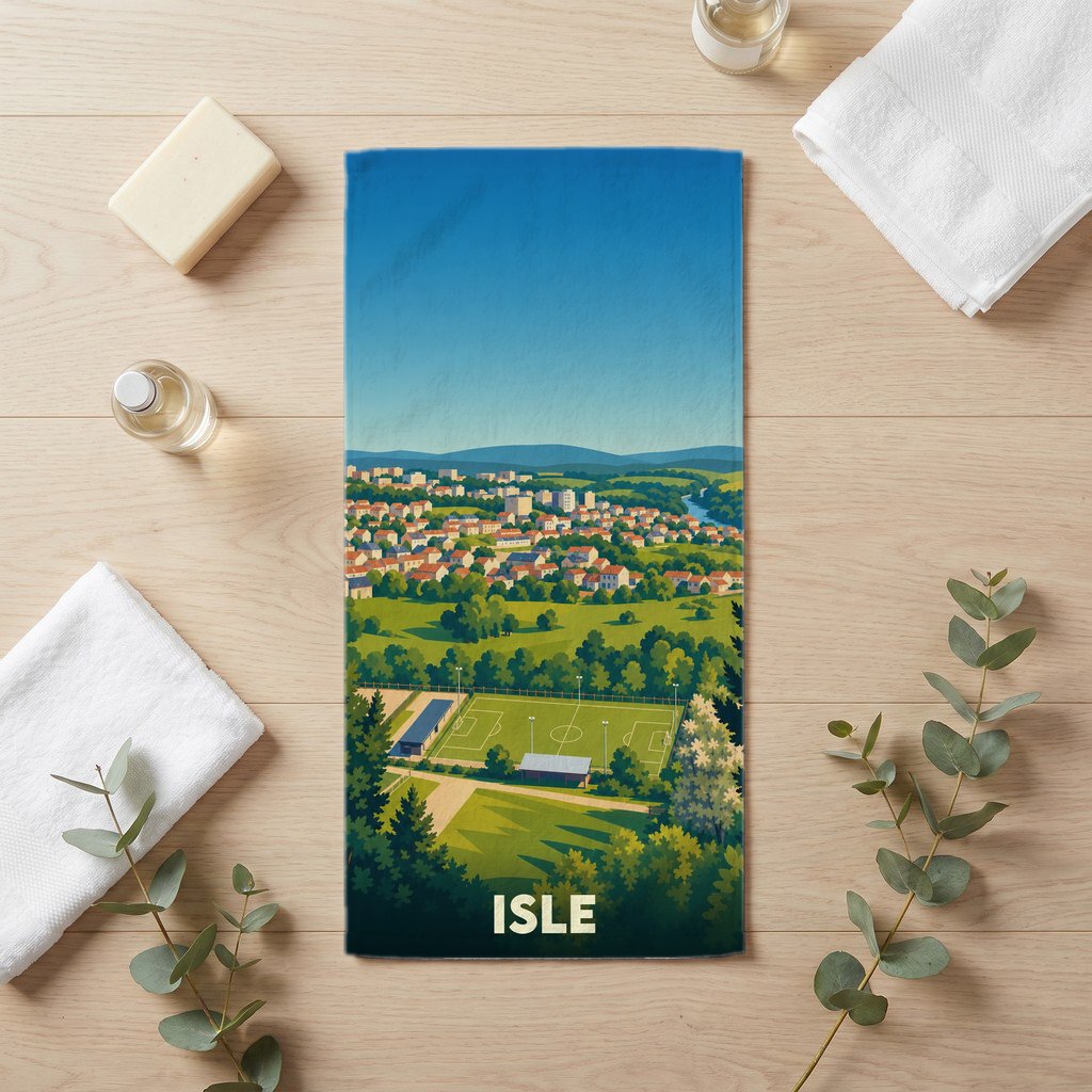 Serviette de bain souvenir de la ville de Isle avec une illustration stylisée.