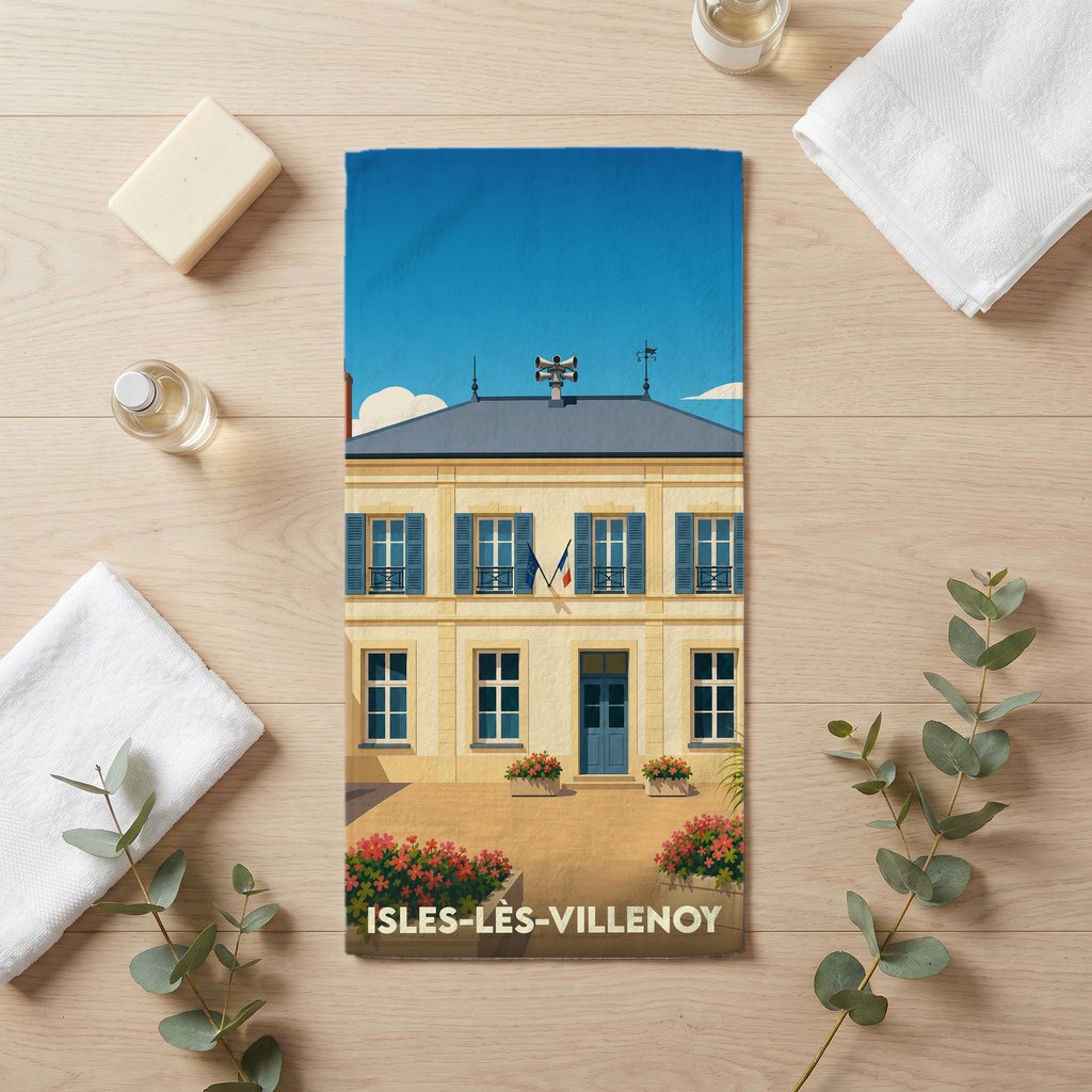 Serviette de bain souvenir de la ville de Isles-lès-Villenoy avec une illustration stylisée de sa mairie.