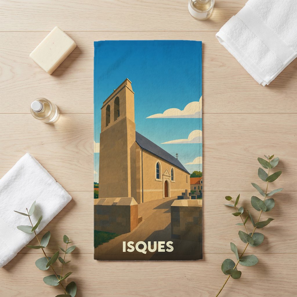 Serviette de bain souvenir de la ville d'Isques avec une illustration stylisée de son église.