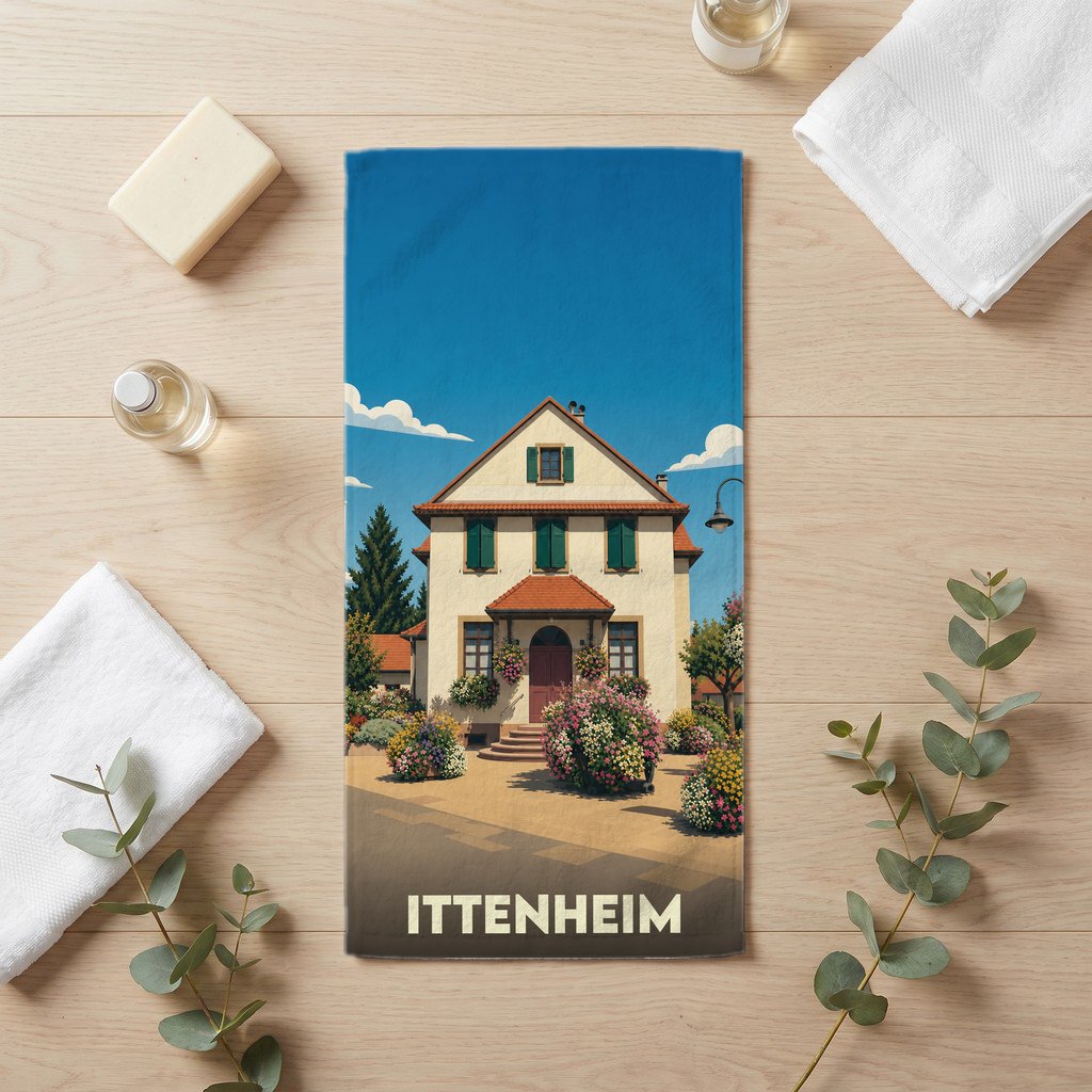 Serviette de bain souvenir de la ville d'Ittenheim avec une illustration stylisée d'une maison alsacienne fleurie.