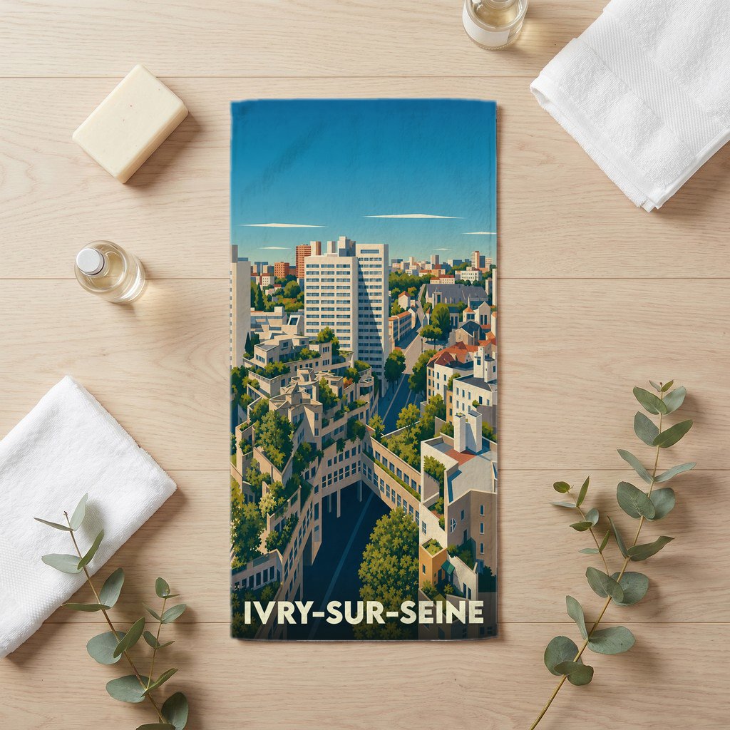 Serviette de bain souvenir de la ville d'Ivry-sur-Seine avec une illustration stylisée de son architecture emblématique.