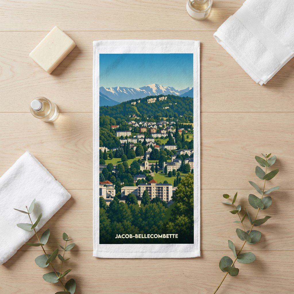 Serviette de bain souvenir de Jacob-Bellecombette ornée d'une illustration stylisée de la ville et des montagnes.