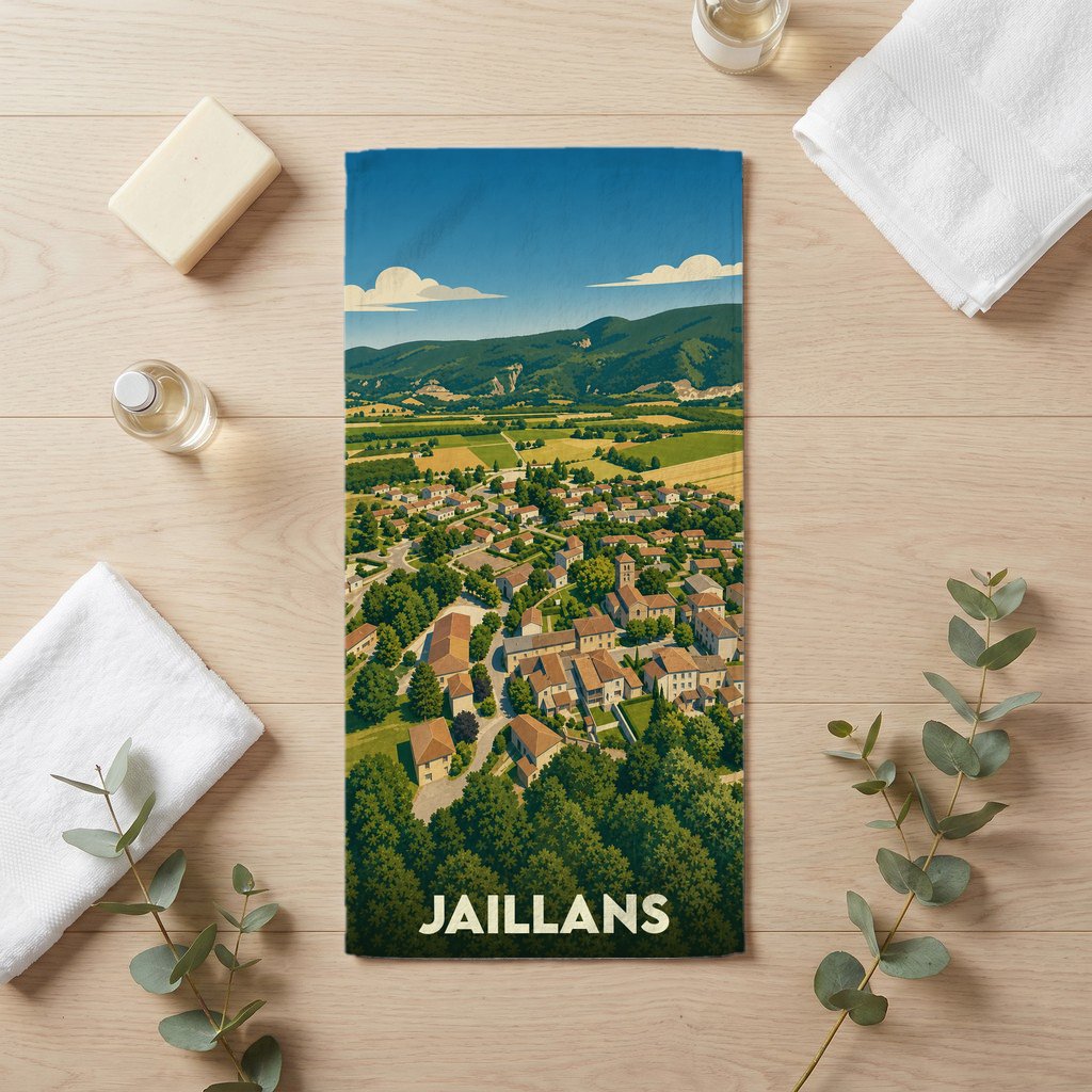 Serviette de bain souvenir de la ville de Jaillans avec une illustration stylisée d'un paysage provençal.