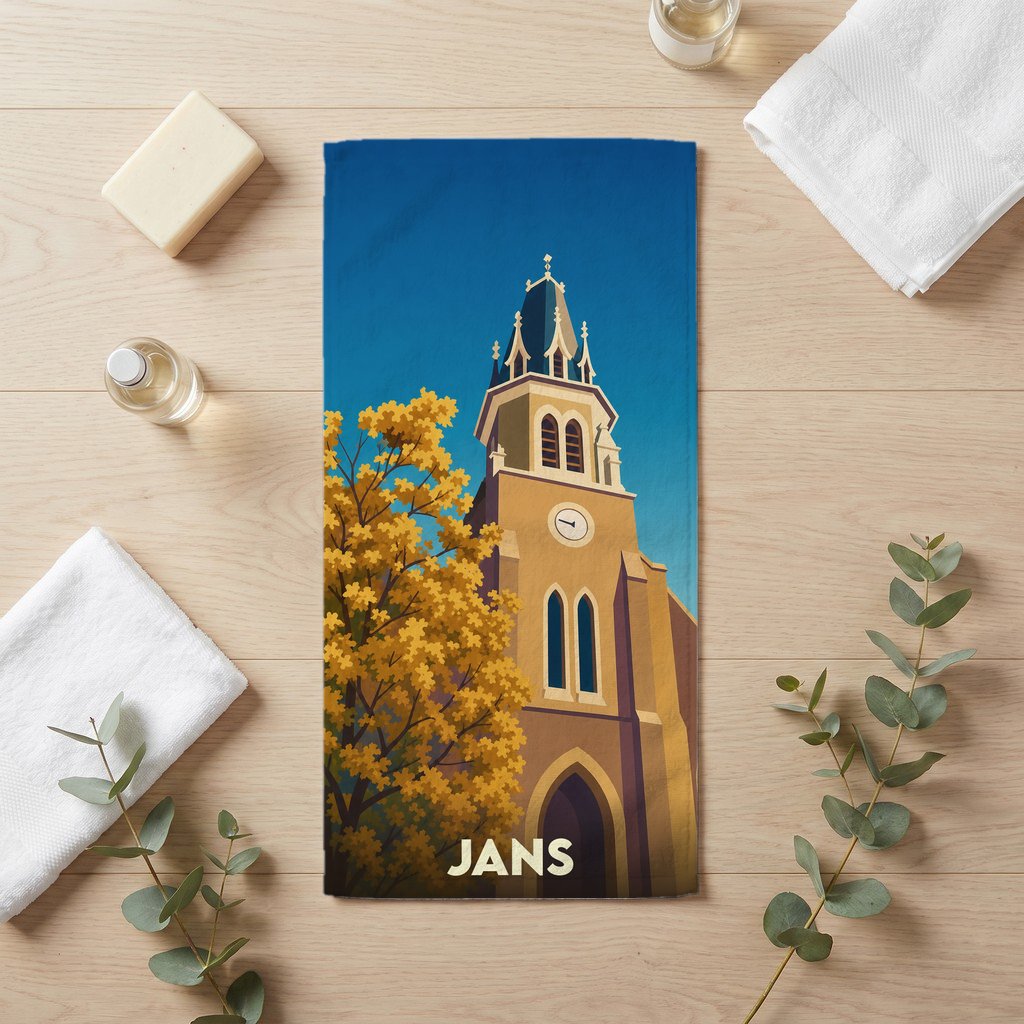 Serviette de bain souvenir de la ville de Jans avec une illustration stylisée d'un clocher d'église.
