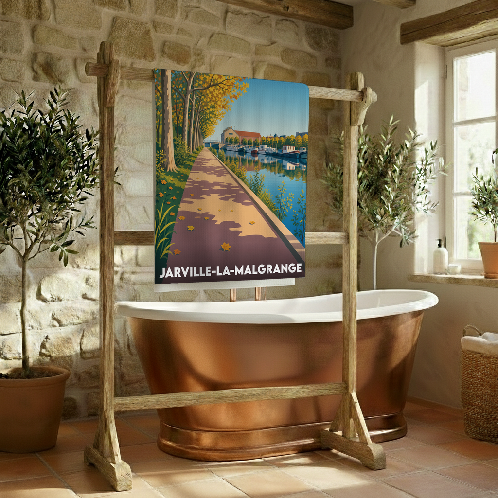 Serviette de bain souvenir de Jarville-la-Malgrange illustrant un chemin boisé longeant un canal.