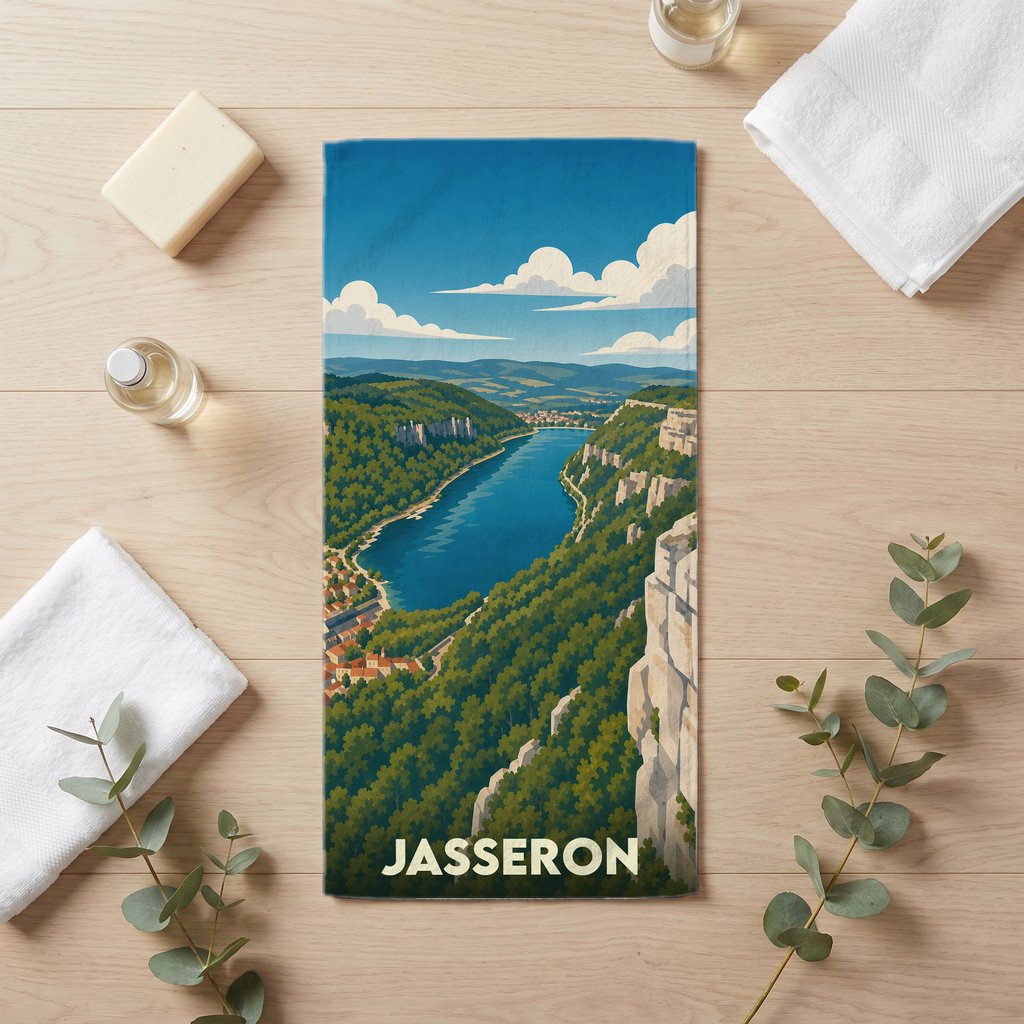 Serviette de bain souvenir de la ville de Jasseron illustrée d'un paysage de lac et de montagnes.