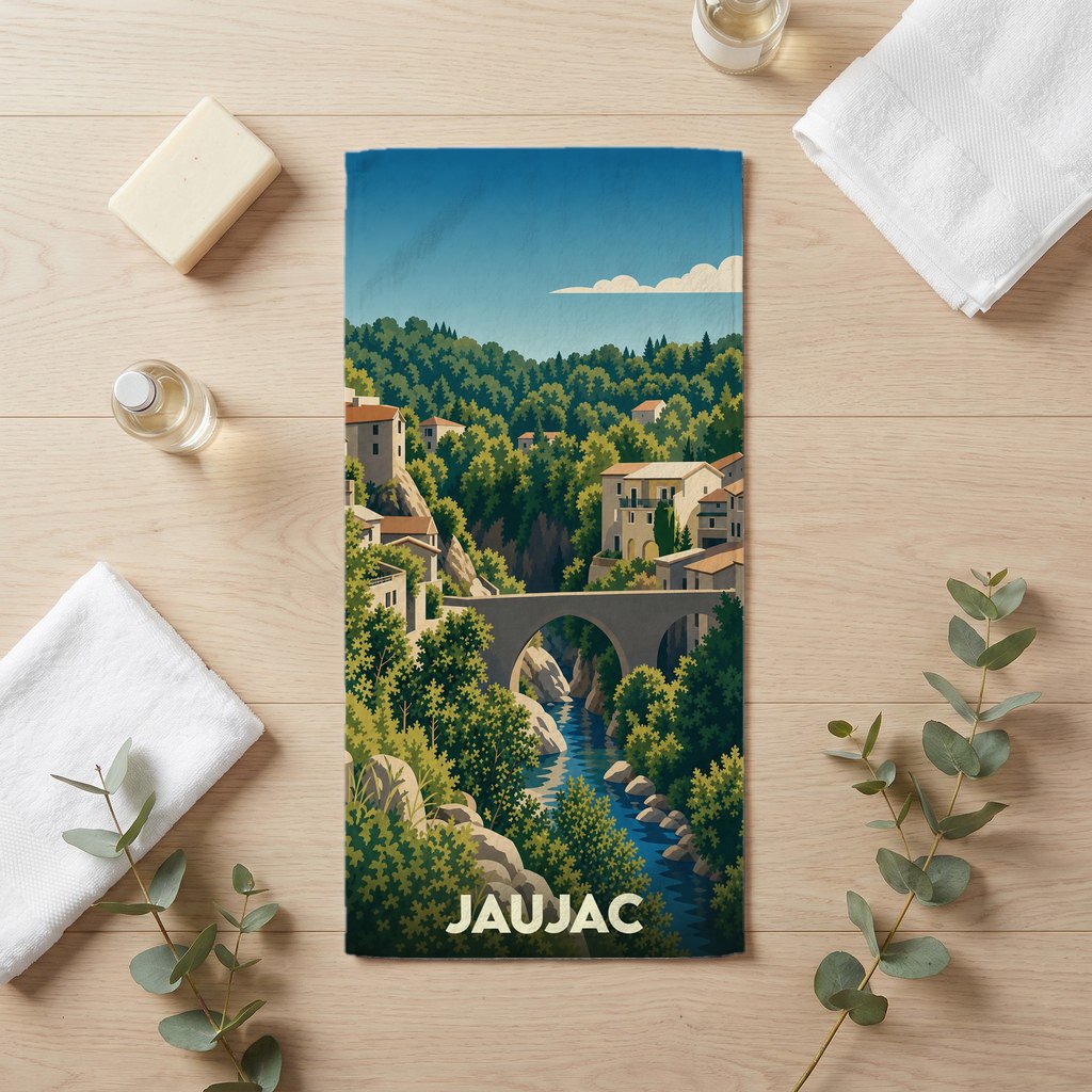 Serviette de bain souvenir de la ville de Jaujac avec une illustration stylisée de son pont et de ses paysages.