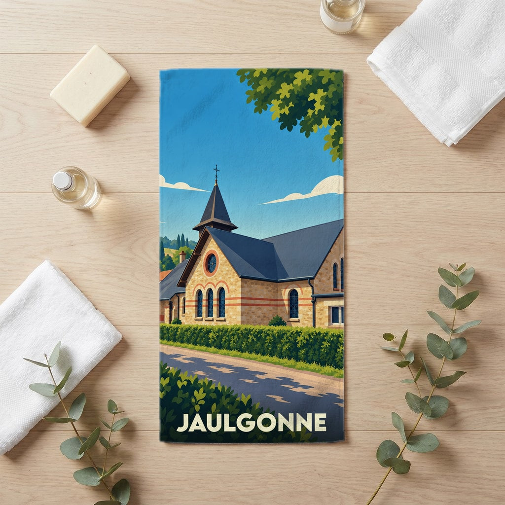 Serviette de bain souvenir de la ville de Jaulgonne avec une illustration stylisée de son église.