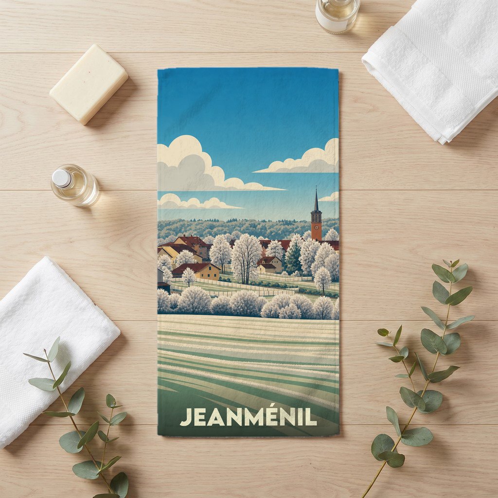 Serviette de bain souvenir de la ville de Jeanménil avec une illustration stylisée d'un paysage hivernal.