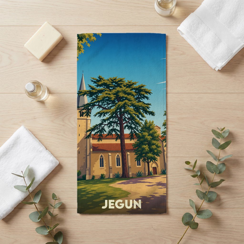 Serviette de bain souvenir de la ville de Jegun avec une illustration stylisée.