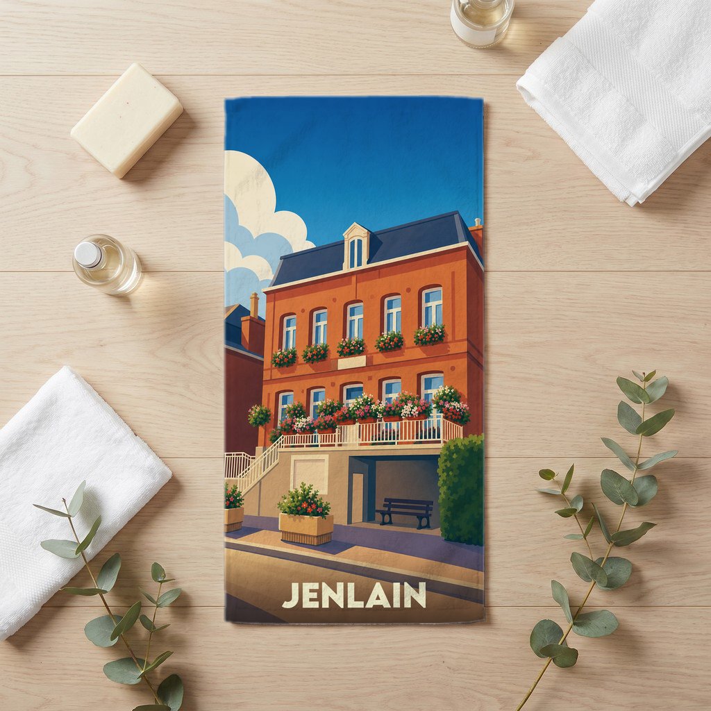 Serviette de bain souvenir de la ville de Jenlain avec une illustration stylisée d'un bâtiment fleuri.