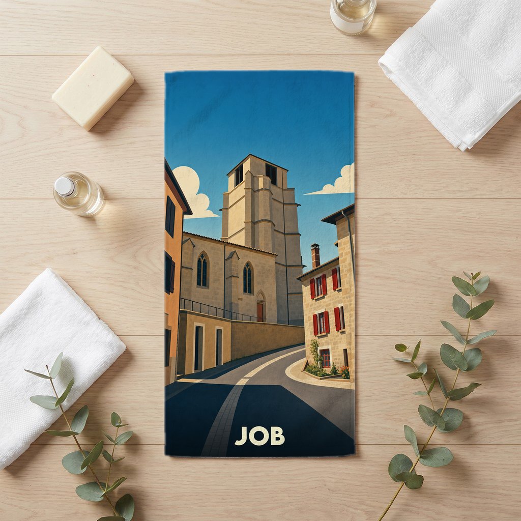 Serviette de bain souvenir de la ville de Job avec une illustration stylisée d'une rue historique.