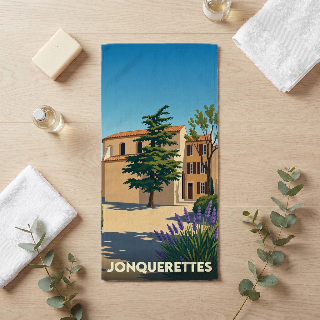 Serviette de bain souvenir de la ville de Jonquerettes avec une illustration stylisée.