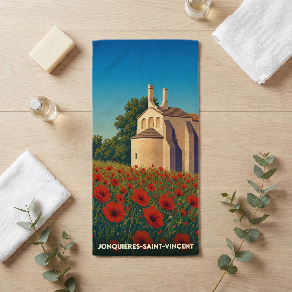 Serviette de bain souvenir de Jonquières-Saint-Vincent illustrée d'une église et d'un champ de coquelicots.