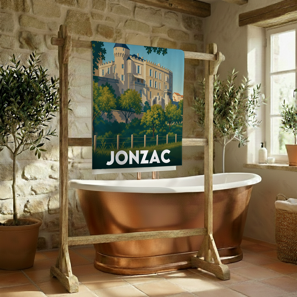 Serviette de bain souvenir de la ville de Jonzac avec une illustration stylisée de son château.