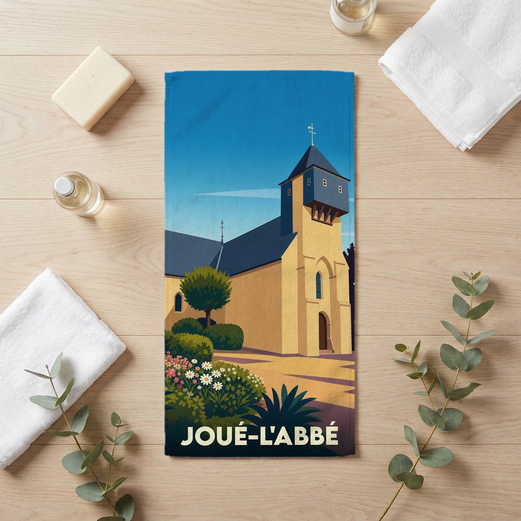 Serviette de bain souvenir de Joué-l'Abbé illustrée d'une église de style vintage.