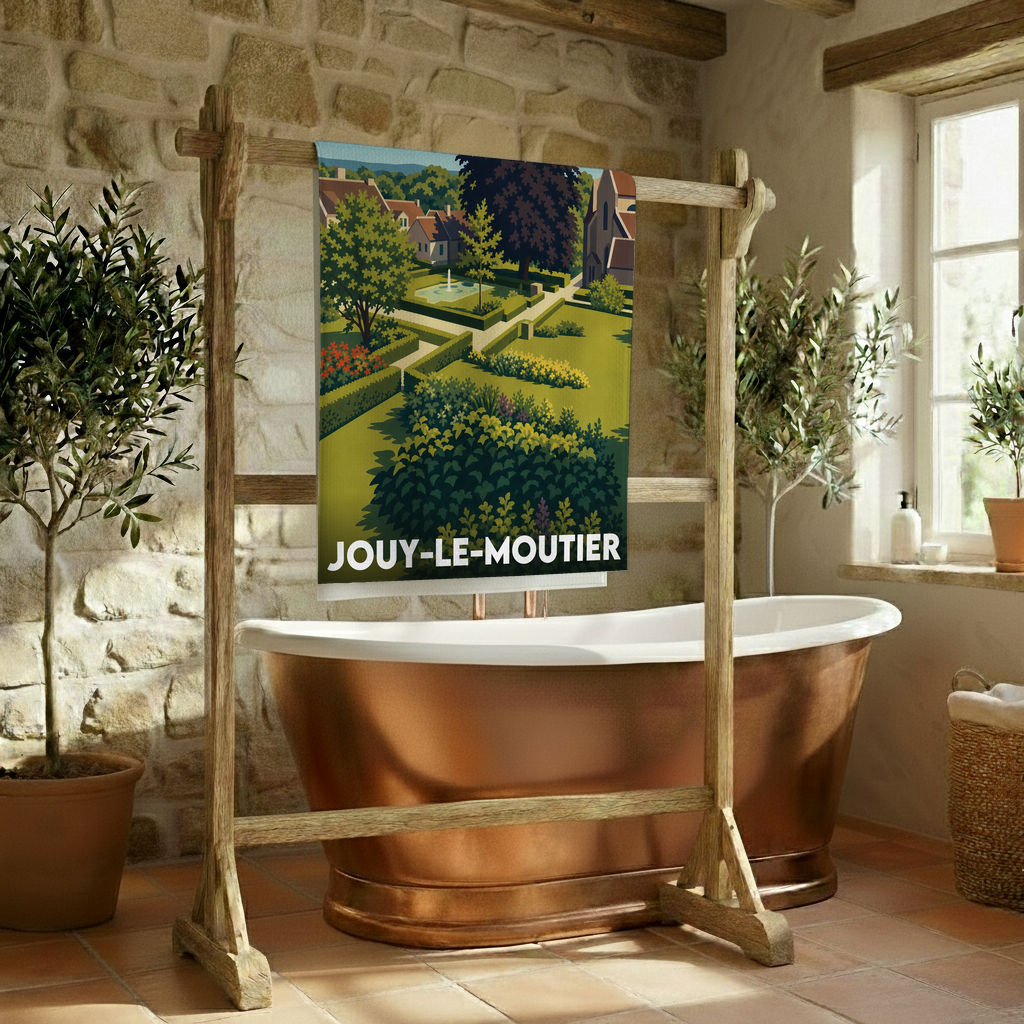 Serviette de bain souvenir de la ville de Jouy-le-Moutier avec une illustration stylisée d'un jardin.