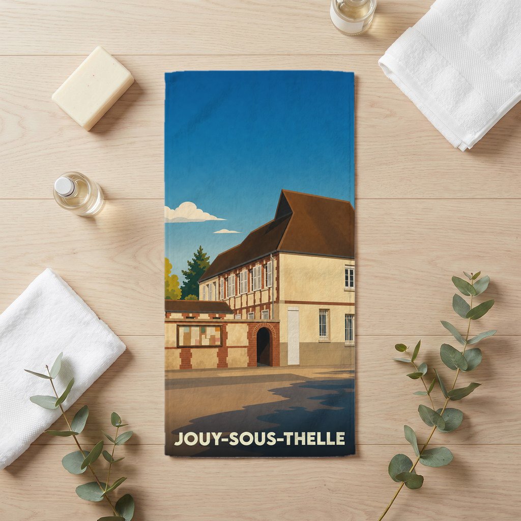 Serviette de bain souvenir de la ville de Jouy-sous-Thelle avec une illustration stylisée d'un bâtiment traditionnel.