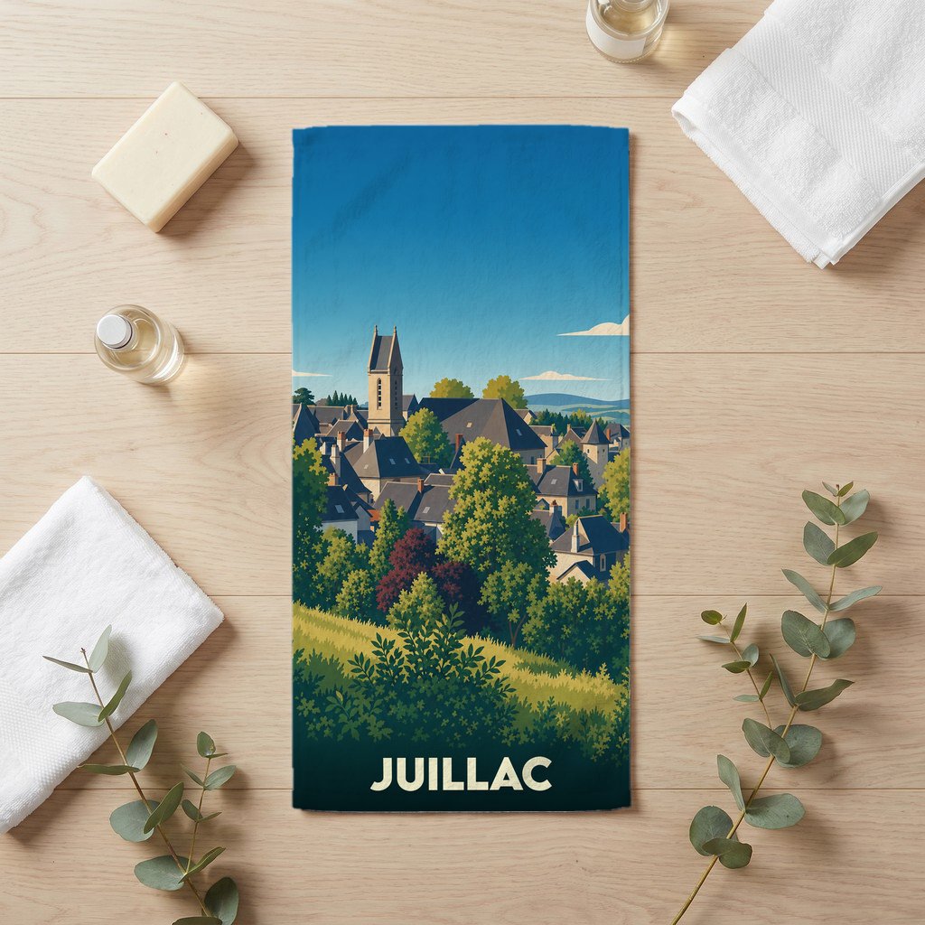 Serviette de bain souvenir de la ville de Juillac avec une illustration stylisée.