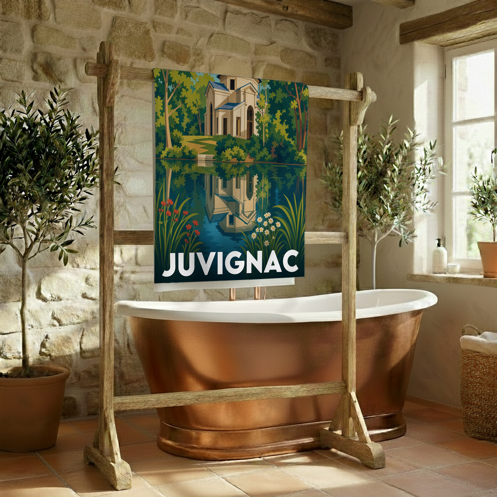 Serviette de bain souvenir de la ville de Juvignac avec une illustration stylisée.