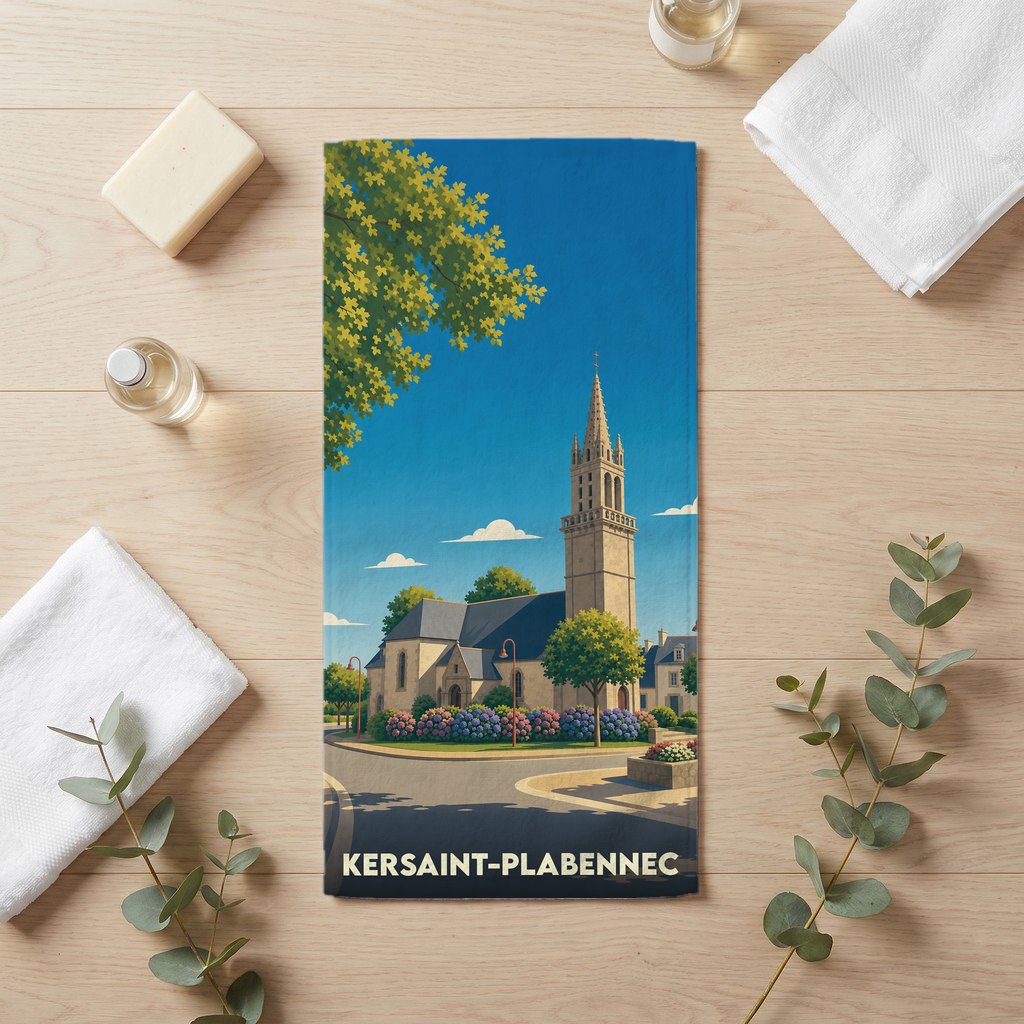 Serviette de bain souvenir de la ville de Kersaint-Plabennec avec une illustration stylisée de son église.