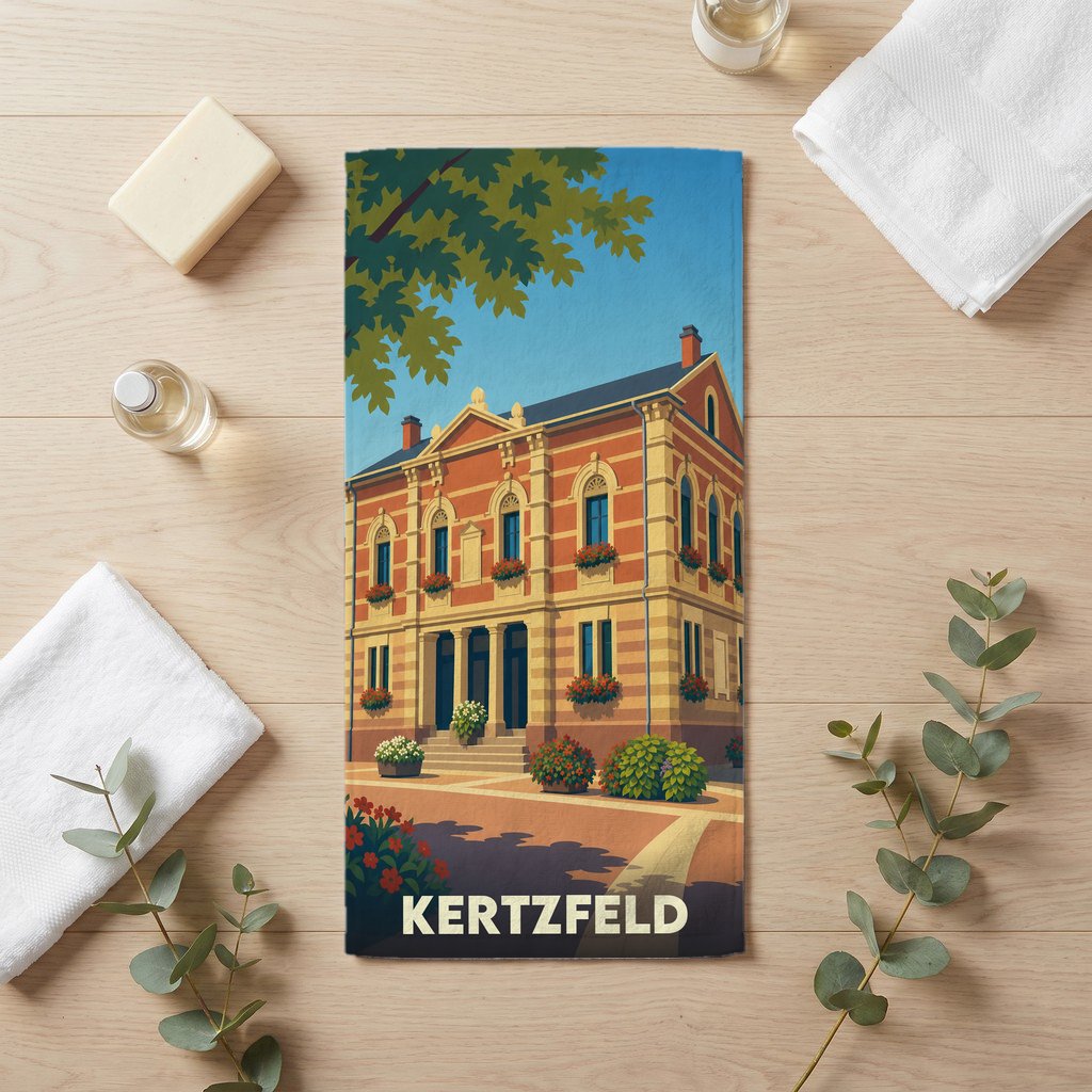 Serviette de bain souvenir de la ville de Kertzfeld avec une illustration stylisée d'un bâtiment historique.