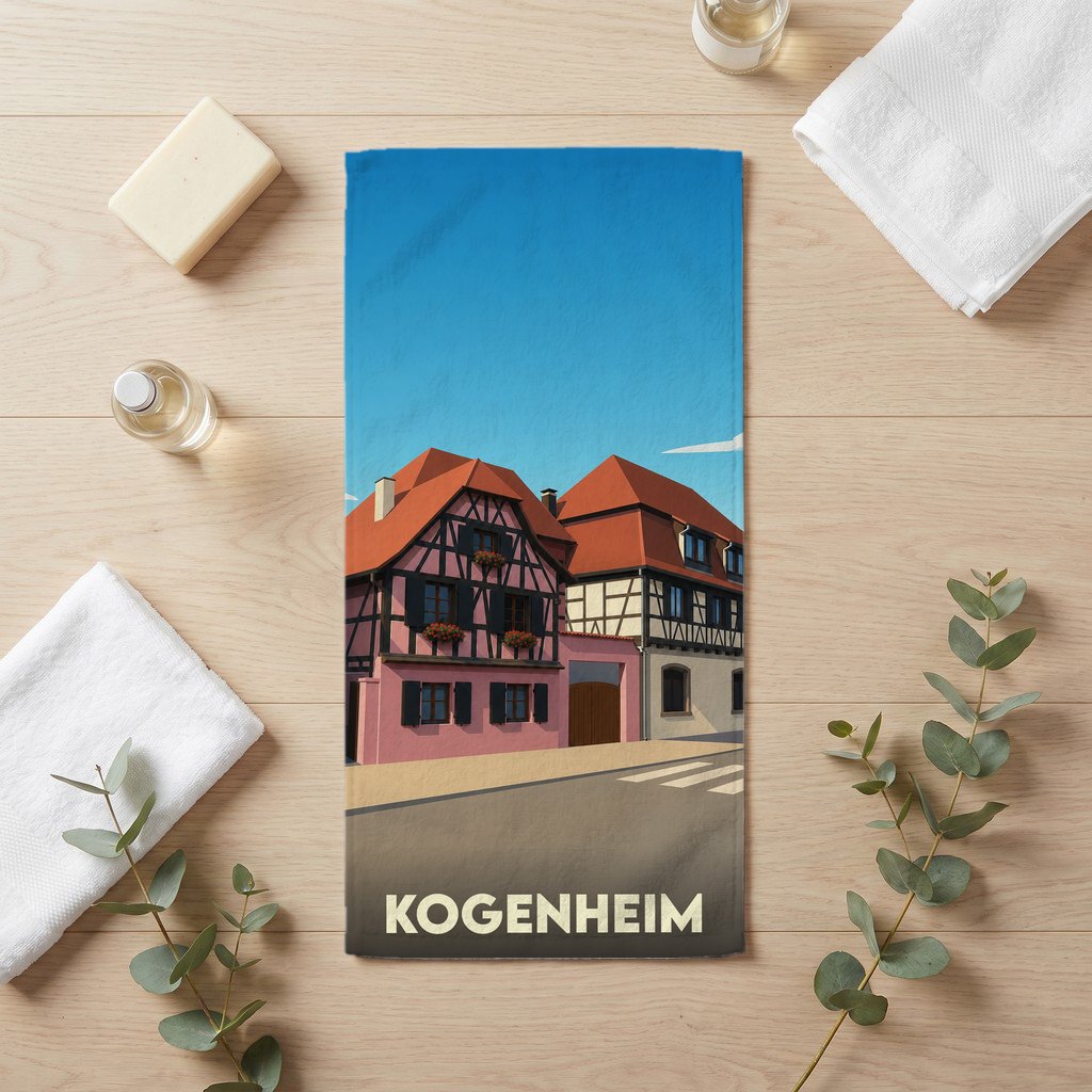 Serviette de bain souvenir de la ville de Kogenheim avec une illustration stylisée de maisons à colombages.
