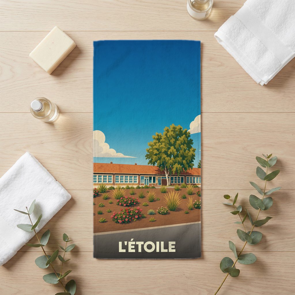 Serviette de bain souvenir de la ville de L'Étoile avec une illustration stylisée.