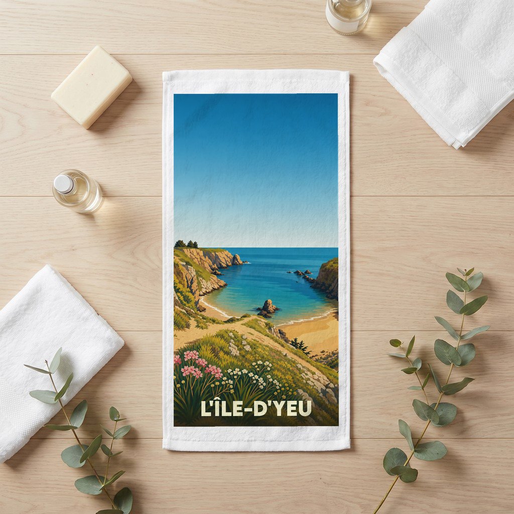 Serviette de bain souvenir de L'Île-d'Yeu avec une illustration stylisée de sa côte sauvage.