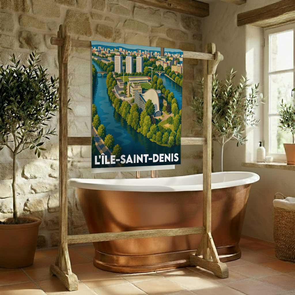 Serviette de bain souvenir de L'Île-Saint-Denis avec une illustration stylisée de la ville au bord de l'eau.