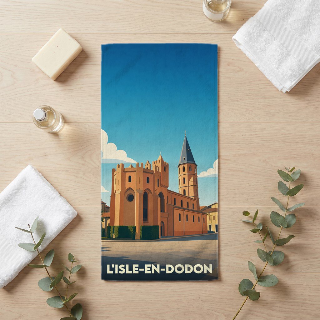 Serviette de bain souvenir de la ville de L'Isle-en-Dodon avec une illustration stylisée de son église fortifiée.