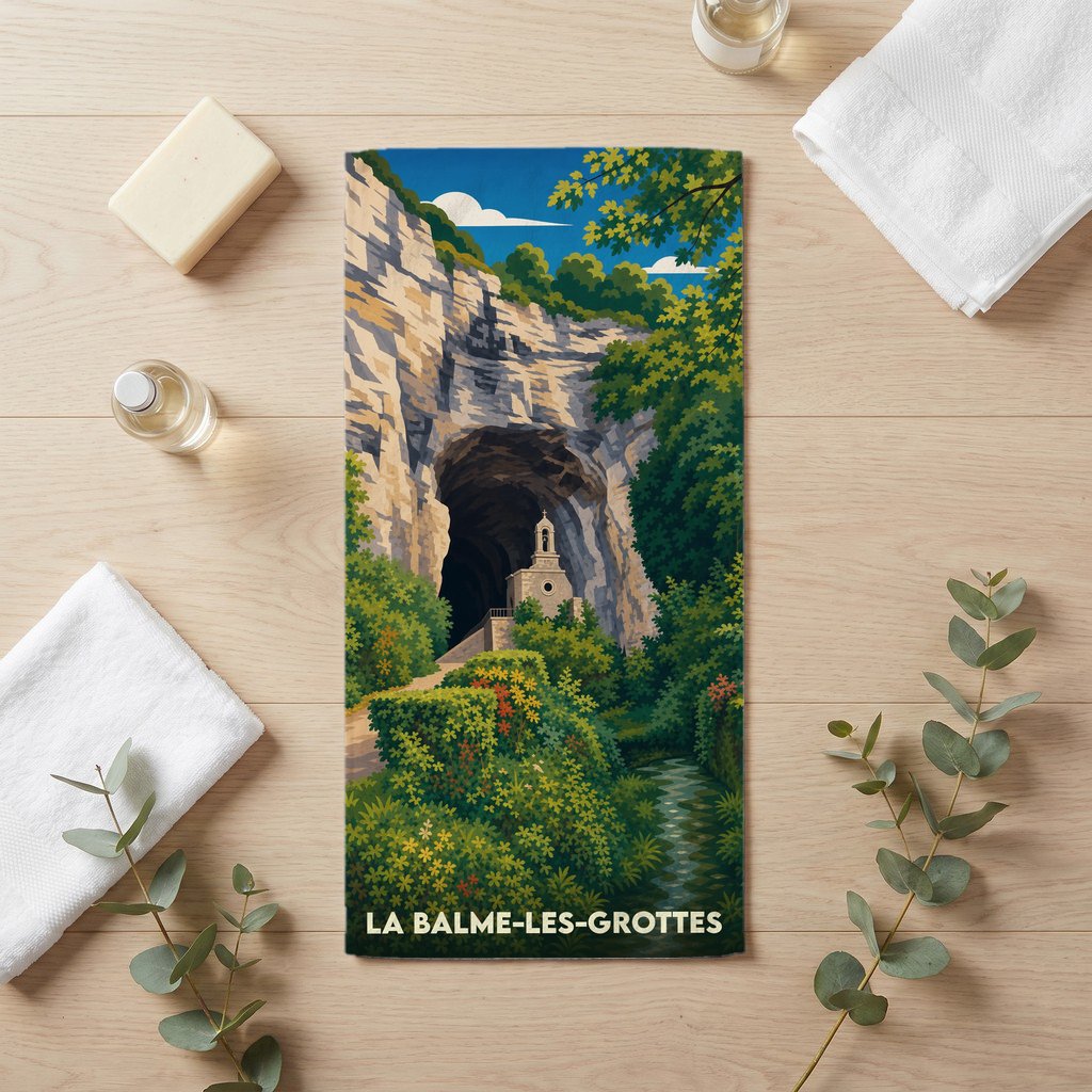 Serviette de bain souvenir de La Balme-les-Grottes avec une illustration stylisée de sa célèbre grotte.