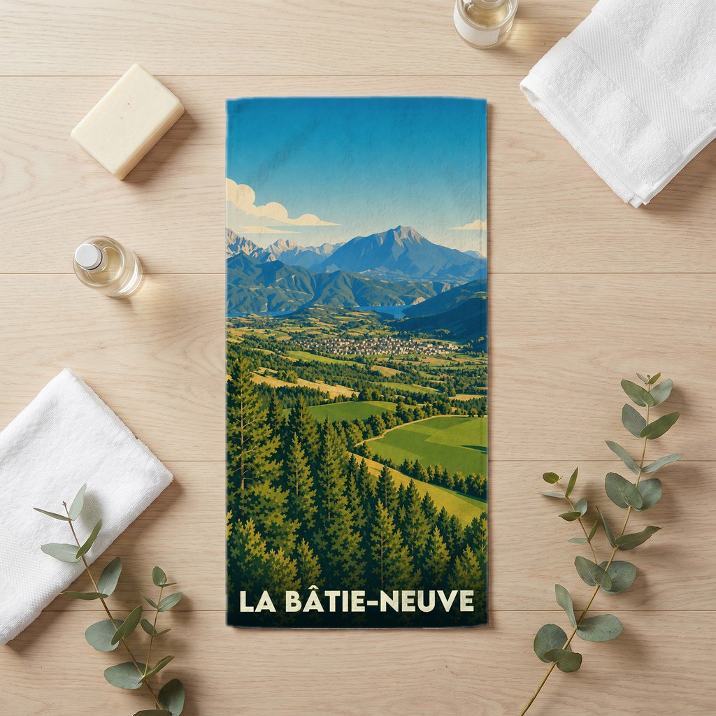Serviette de bain souvenir de la ville de La Bâtie-Neuve avec une illustration de paysage de montagne stylisée.