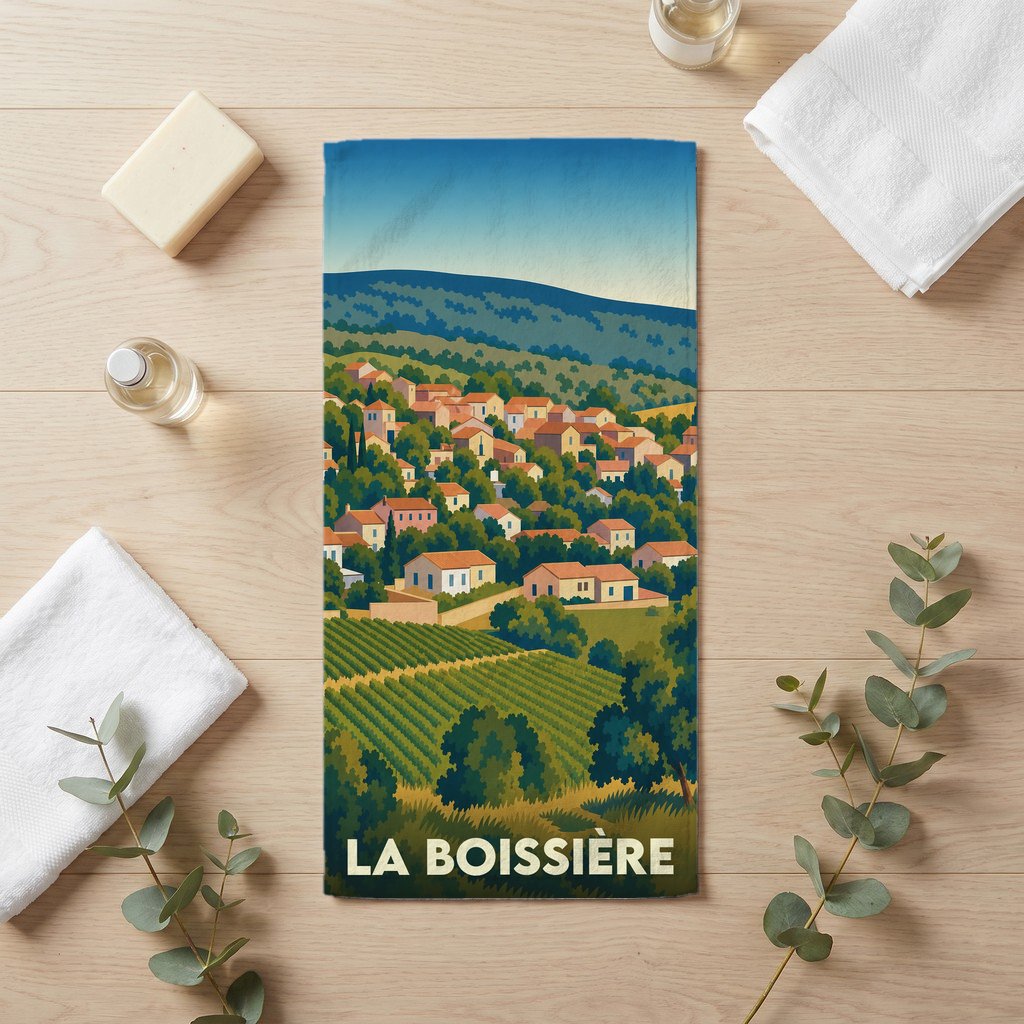 Serviette de bain souvenir de la ville de La Boissière avec une illustration stylisée d'un paysage provençal.